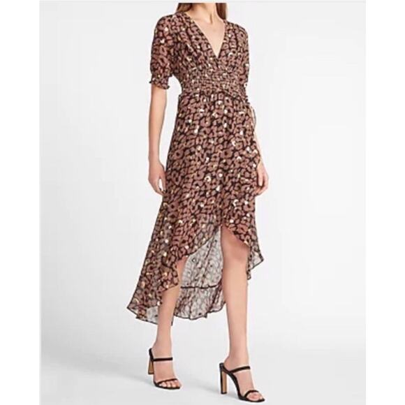 Express Smocked Waist Hi-Lo Cheetah Dress L Ruffles V Neck Wedding Guest Chiffon - Picture 3 of 16